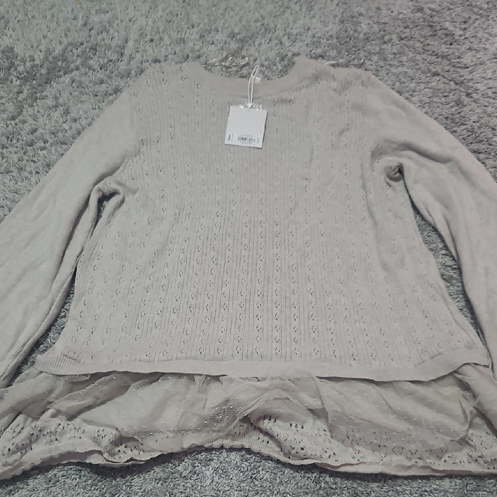 Beige Knit Sweater with Lace Hem
